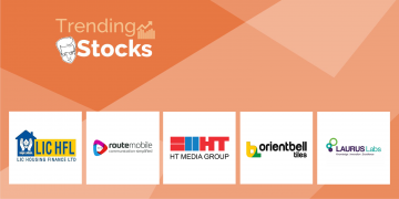 Image showing trending stocks such as lic hfl, route mobile, ht media, lauraus labs with their logos.