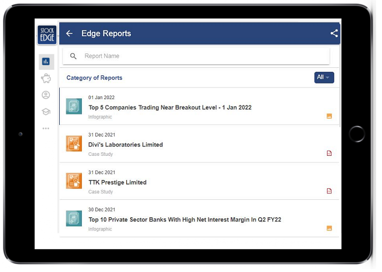 A tablet displaying a list of reports on the edge reports section of the stockedge app. About stocks of various companies.