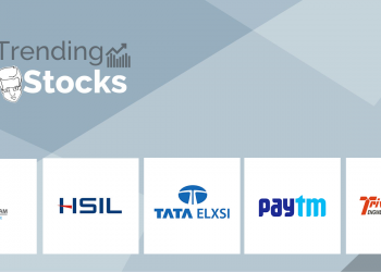 A graphic displaying “trending stocks” with logos of dcm shriram, hsil, tata elxsi, paytm, and triveni engineering & industries ltd. Below.