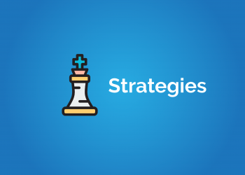 A blue and white image with the word "strategies" in the center and a single chess piece, a rook, in the foreground. The image could be used to represent strategic thinking, planning, or problem-solving.