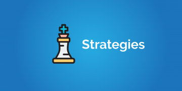 A blue and white image with the word "strategies" in the center and a single chess piece, a rook, in the foreground. The image could be used to represent strategic thinking, planning, or problem-solving.