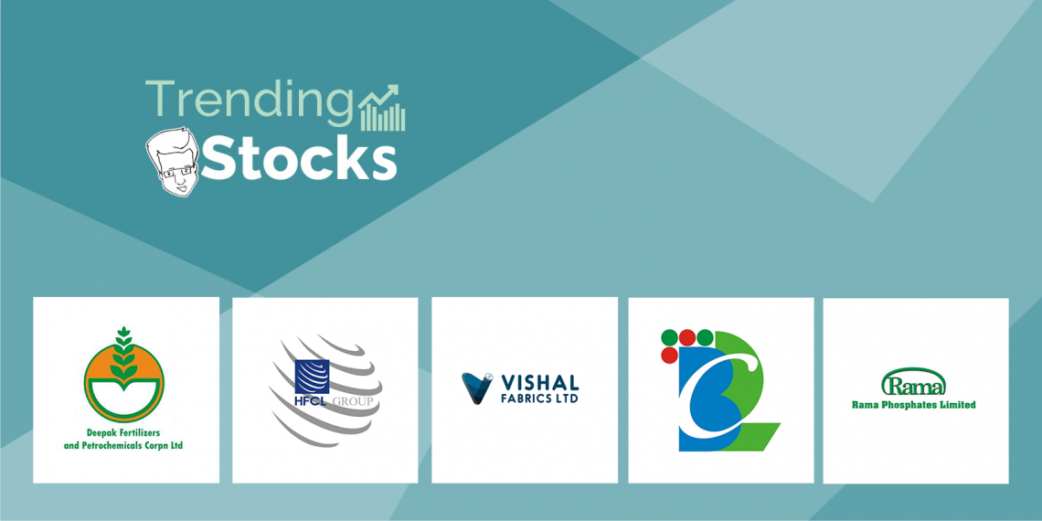 A green background with logos for vishal fabrics ltd, hfcl group, rama phosphates limited, and deepak fertilizers and petrochemicals corpn ltd, four trending stocks in india.