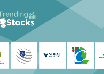 A green background with logos for vishal fabrics ltd, hfcl group, rama phosphates limited, and deepak fertilizers and petrochemicals corpn ltd, four trending stocks in india.