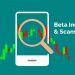 A powerful technical indicator beta & beta scans 18 A image of a phone in a magnifying glass showing candlestick chart and a text written beta indicator & scans in green color.