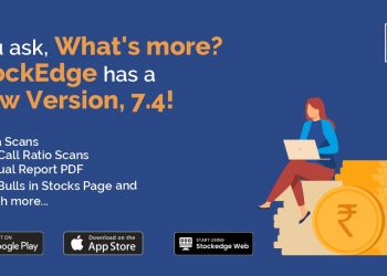 A promotional image for stockedge version 7. 4. The image has a dark blue background with white and yellow text providing information about the new version of stockedge. The main text reads “you ask, what’s more? Stockedge has a new version, 7. 4! ”