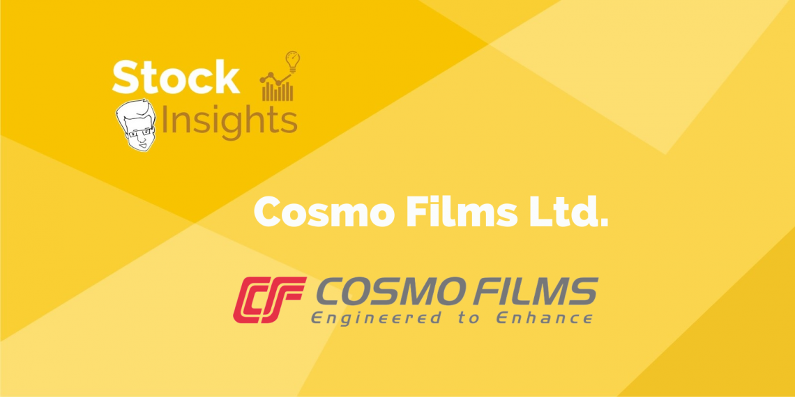 A graphic design featuring the logo and name of “stock insights” on the left side, and “cosmo films ltd. ” with its logo and tagline “engineered to enhance” on the right, set against a bright yellow background with angular design elements