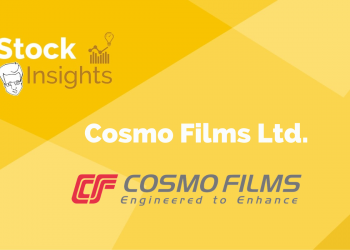 A graphic design featuring the logo and name of “stock insights” on the left side, and “cosmo films ltd. ” with its logo and tagline “engineered to enhance” on the right, set against a bright yellow background with angular design elements