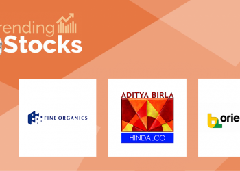 A graphic representation with logos of trending stocks in a gradient background of red and orange.
