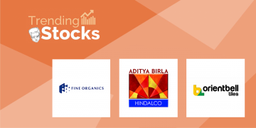A graphic representation with logos of trending stocks in a gradient background of red and orange.