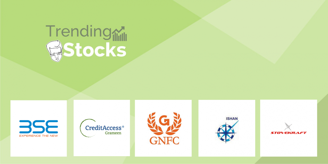 Green background with logos of trending stocks on the bombay stock exchange (bse), including 3se, creditaccess grameen, experience the new, ishan, grameen, gnfc, and stove kraft
