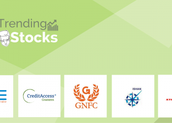Green background with logos of trending stocks on the bombay stock exchange (bse), including 3se, creditaccess grameen, experience the new, ishan, grameen, gnfc, and stove kraft