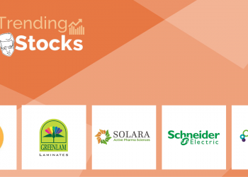 A graphic representation with the logos of trending stocks in a gradient background of red and orange