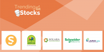 A graphic representation with the logos of trending stocks in a gradient background of red and orange