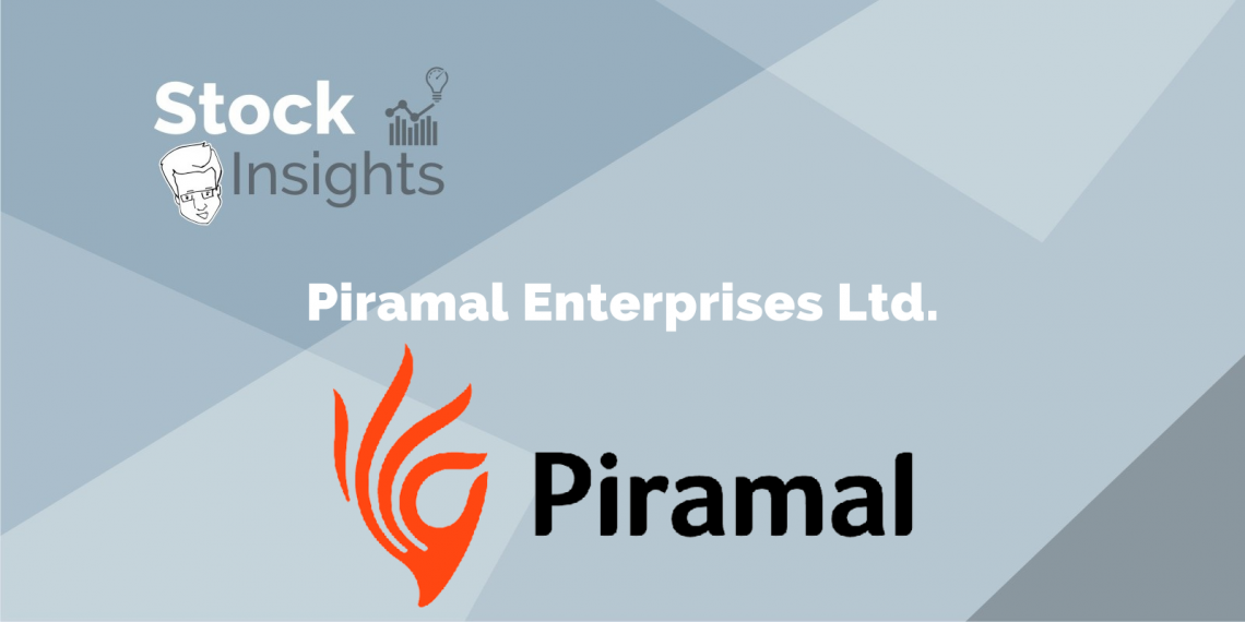 A graphic design with a grey background and geometric shapes creating a pattern. At the top left corner, there is text reading “stock insights” in dark grey, accompanied by an icon of a person’s head and two other small icons. Below this, in larger font, is written “piramal enterprises ltd. ” in black letters.