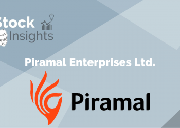 A graphic design with a grey background and geometric shapes creating a pattern. At the top left corner, there is text reading “stock insights” in dark grey, accompanied by an icon of a person’s head and two other small icons. Below this, in larger font, is written “piramal enterprises ltd. ” in black letters.