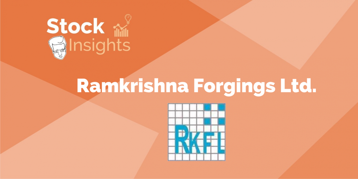 A orange background with the ramkrishna forgings ltd. Logo, stock and insights text and company information