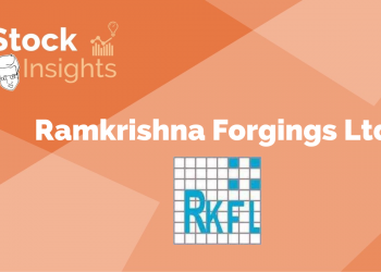 A orange background with the ramkrishna forgings ltd. Logo, stock and insights text and company information