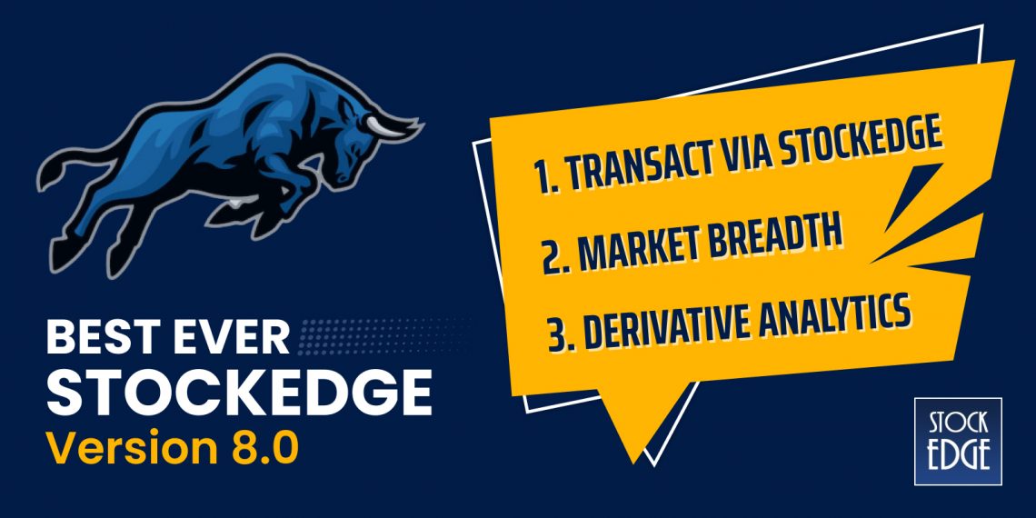 A banner of stockedge version 8. 0 displaying its features in a blue background.