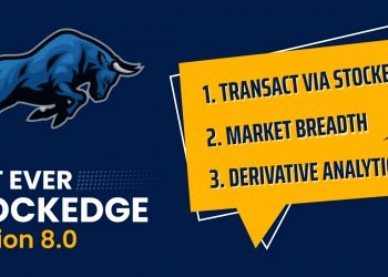 A banner of stockedge version 8. 0 displaying its features in a blue background.