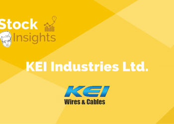 A yellow background with a blue and white logo for kei industries ltd. , a company that manufactures wires and cables. And the text "stock insights" and "kei industries ltd. " below it.