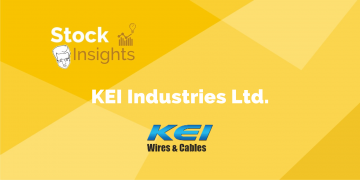 A yellow background with a blue and white logo for kei industries ltd. , a company that manufactures wires and cables. And the text "stock insights" and "kei industries ltd. " below it.