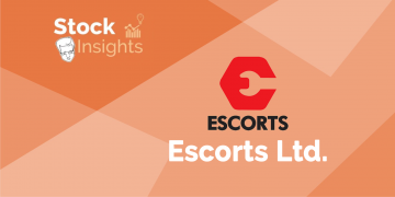 The image of the logo of escorts ltd. And text stock insights written in a gradient background of red and orange.
