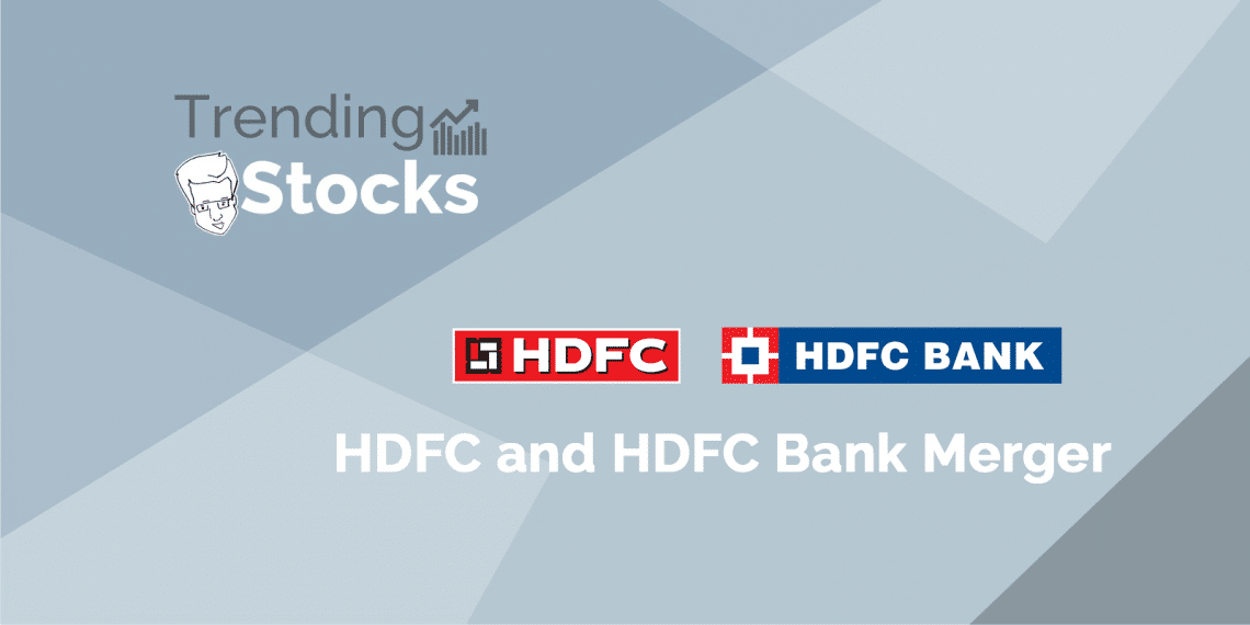 A banner advertising trending stocks, with a focus on hdfc and hdfc bank's recent merger.