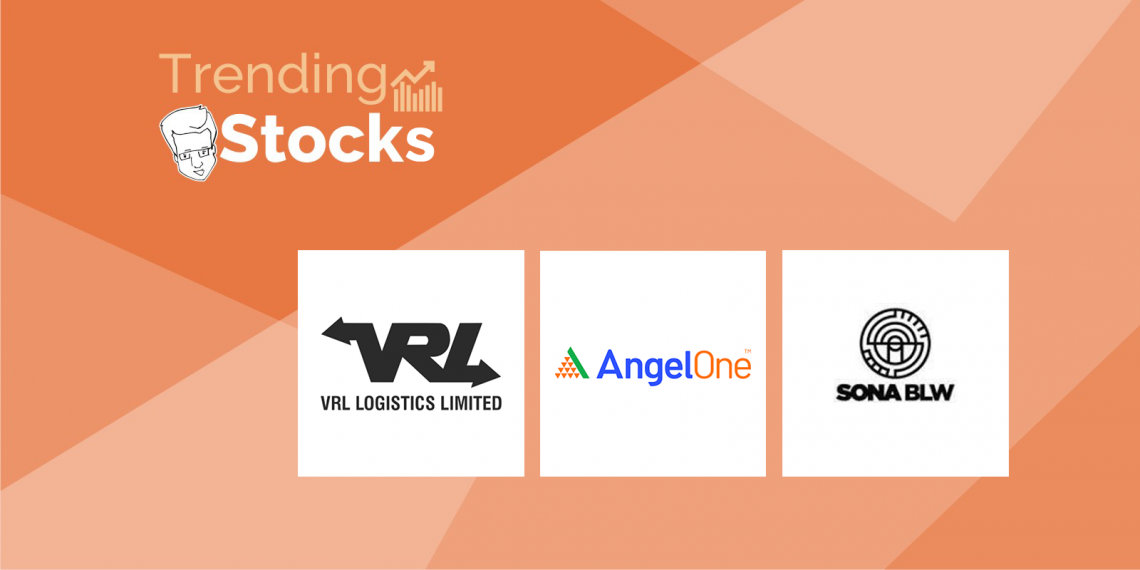 A collage of trending stock logos, including rl, angelone, vrl logistics ltd, and sona blw