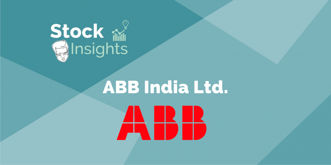 A graphic image featuring the logo and name of “stock insights” in white text at the top left corner, with “abb india ltd. ” and a large red “abb” logo centered on a teal background with abstract geometric shapes.