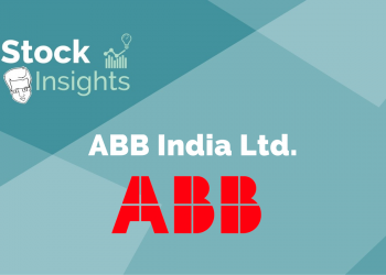 A graphic image featuring the logo and name of “stock insights” in white text at the top left corner, with “abb india ltd. ” and a large red “abb” logo centered on a teal background with abstract geometric shapes.