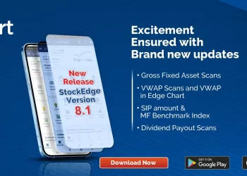 A promotional image for the new release of “stockedge version 8. 1”. The image contains two smartphones displaying the interface of stockedge app on the left side. Above the smartphones, text reads “self is smart”. The background is gradient blue with a pattern resembling a financial graph.