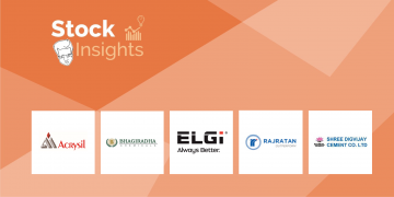 A collage of logos of five indian small-cap companies: acrysil, bhagiradha chemicals, elgi equipments, rajratan textiles, and shree digvijay cement. The text "stock insights" is written above the logos.