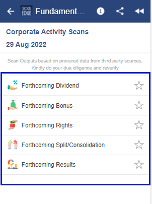 A screenshot of stockedge app called “fundamentality scans” displaying a list of upcoming financial events such as “forthcoming dividend”, “forthcoming bonus”, “forthcoming rights”, and “forthcoming splits/consolidation” with corresponding icons. The date “29 aug 2022” is visible at the top of the screen