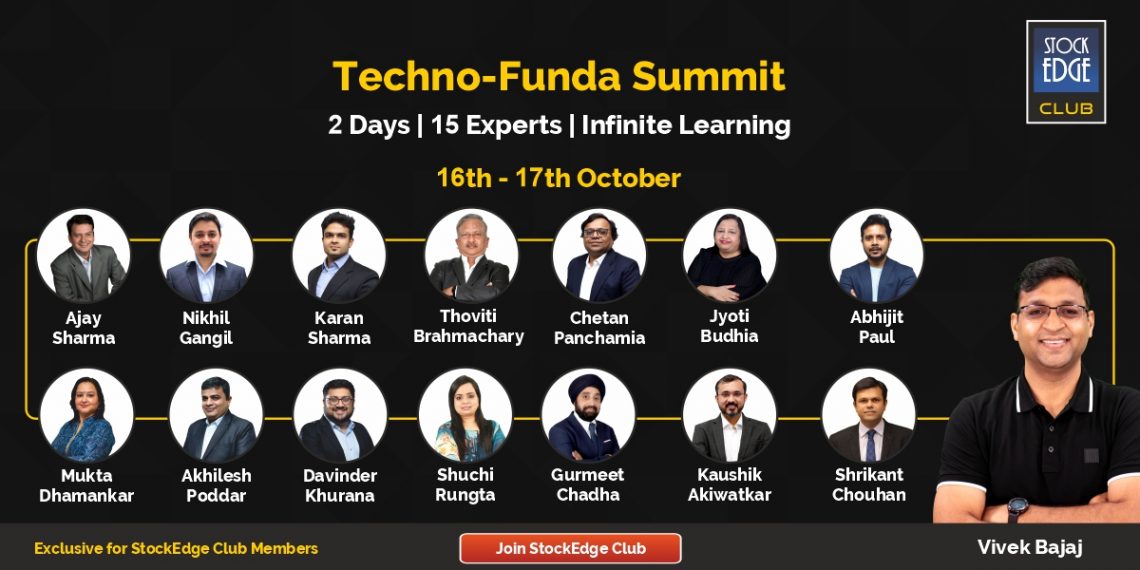 A promotional banner for the “techno-funda summit” hosted by stockedge club. It features a dark background with yellow and white text highlighting the event details.