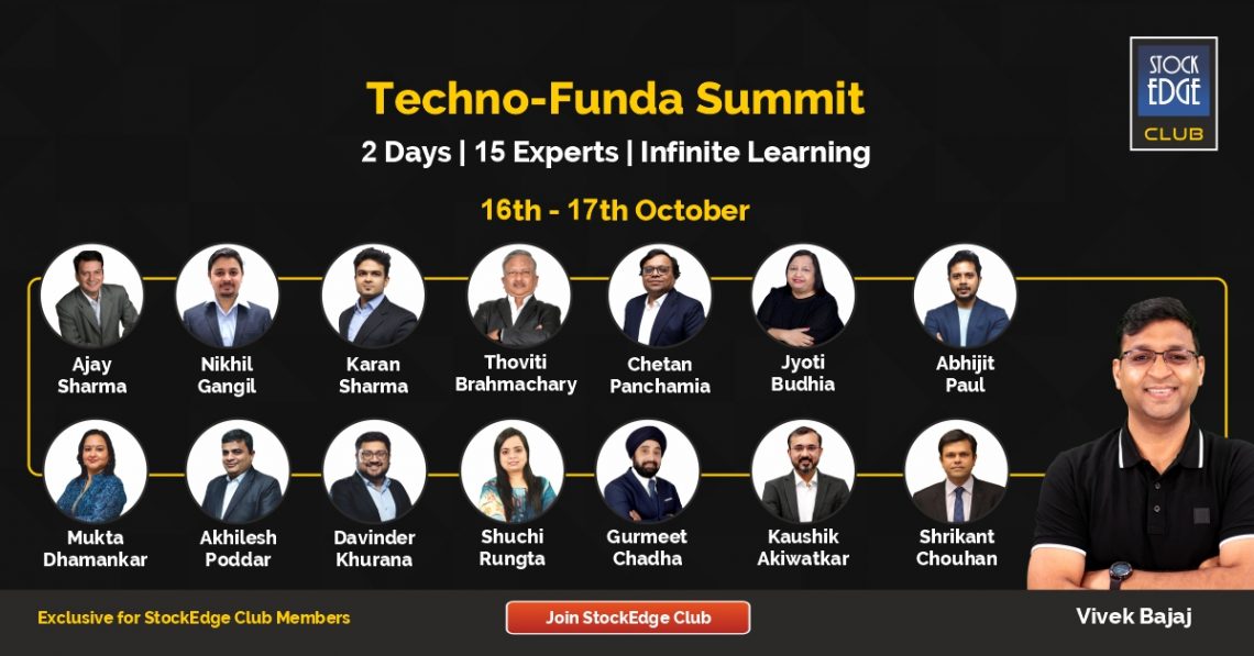 A promotional banner for the “techno-funda summit” hosted by stockedge club. It features a dark background with yellow and white text highlighting the event details.