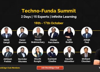 A promotional banner for the “techno-funda summit” hosted by stockedge club. It features a dark background with yellow and white text highlighting the event details.