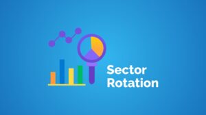 A pic of magnifying glass, a bar graph, and a line graph in purple, orange, and green colors. The words “sector rotation” are written in white on the right side of the image.