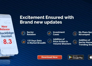 Promotional image for stockedge version 8. 3 showcasing brand new updates including sector rotation, investment cases, and a revamped my plans section. The background is dark blue with options to download the app from google play and the app store