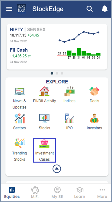 This is a screenshot of the stockedge app. The top of the image shows the nifty fii +64. 45 and a graph of the stock’s performance. The graph is a line graph with blue dots representing the stock’s performance over time. Below the graph, there are several icons for different sections of the app, including “updates”, “deals”, “investors”, and “trending stocks”. The bottom of the image shows a tab bar with options for “equities”, “m. F. ”, “my se”, and “learn”.