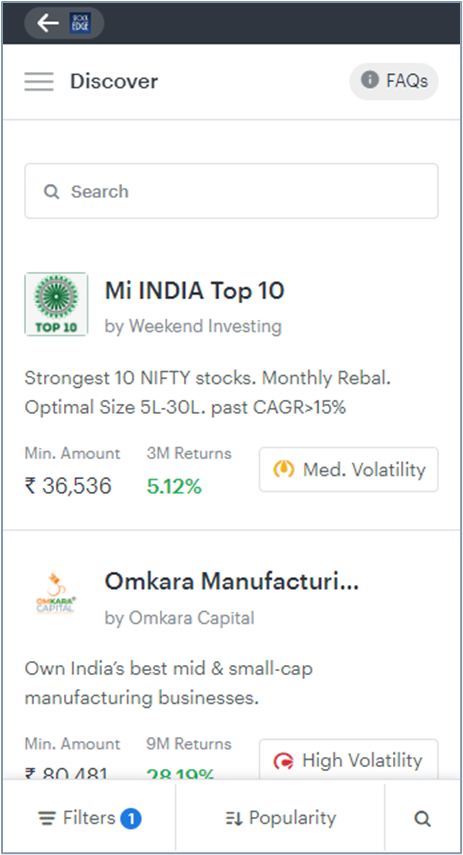 A image from stockedge app that appears to be related to investing. The top of the screen has a search bar and a green logo with a tree and “top 10” written on it. Below the search bar, there is a list of investment options. The first option is “optimal size 5l-30l. Past cagr=15%”. The second option is “omskara manufacturing. India’s best small cap”. The third option is “ro manufacturing. 29% returns. High volatility.