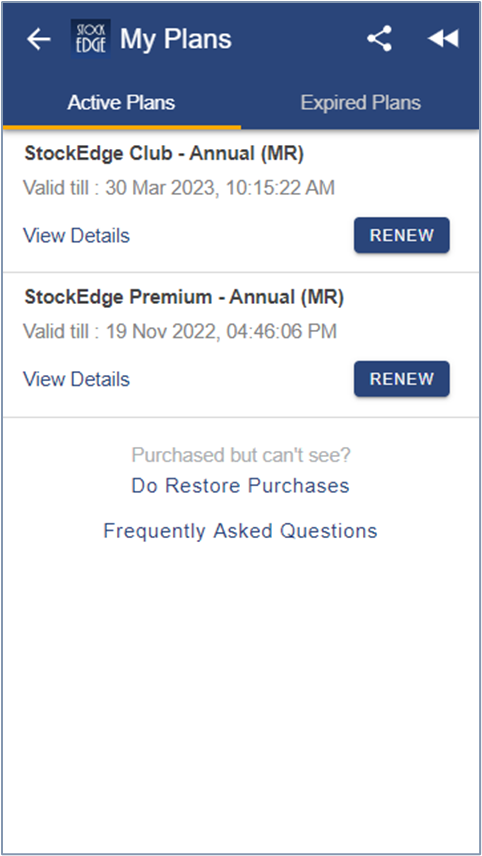 A screenshot of a stockedge app screen showing a list of plans and their expiry dates. The screen is titled “my plans”. The screen shows a list of plans and their expiry dates. The first plan is “stockedge club - annual” and it is expired. The second plan is “stockedge premium” and it is valid till 19 nov 2022. There is a button to renew the expired plan. There is a link to restore purchases.