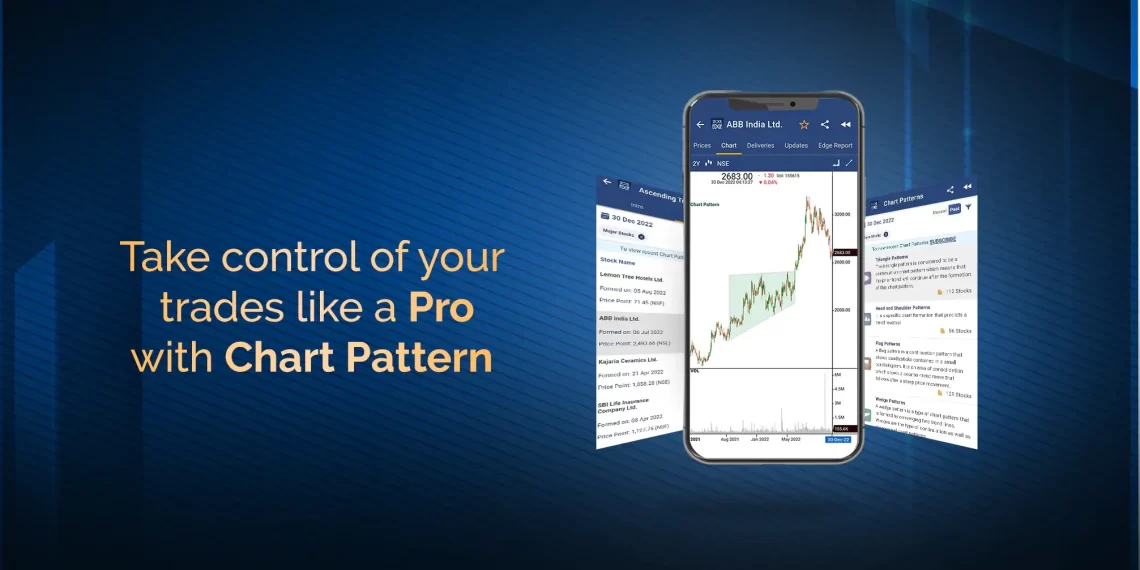 A mobile phone displaying a stock chart with the text "take control of your trades like a pro with chart pattern" overlaid. The chart shows an upward trend with the stock price rising over time.