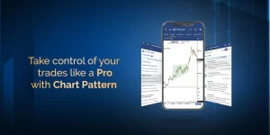 A mobile phone displaying a stock chart with the text "take control of your trades like a pro with chart pattern" overlaid. The chart shows an upward trend with the stock price rising over time.