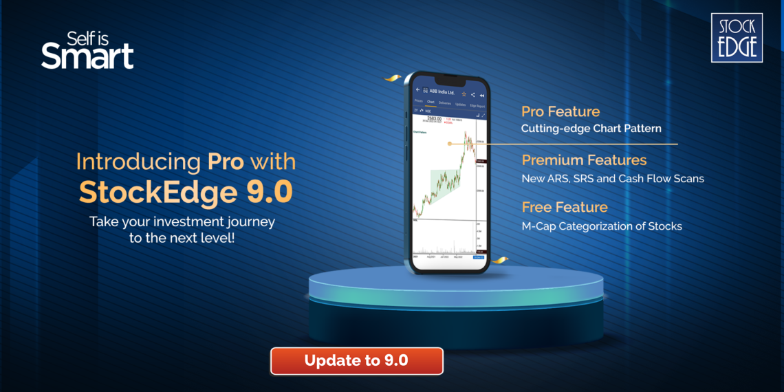 A smartphone showing new features of the latest version of stockedge 9. 0 in a blue background.