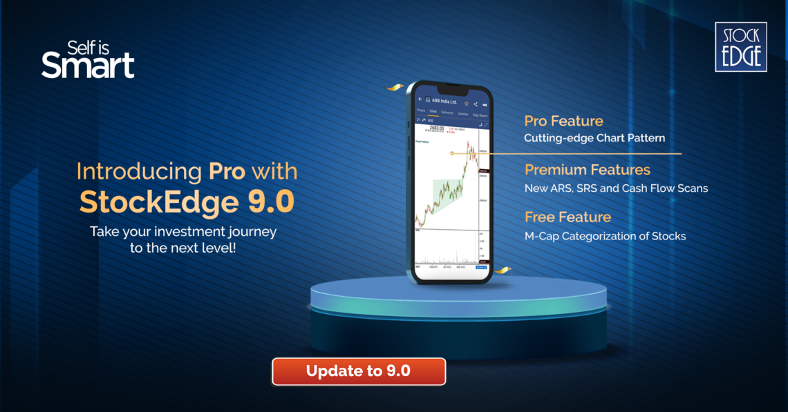 A smartphone showing new features of the latest version of stockedge 9. 0 in a blue background.