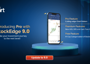 A smartphone showing new features of the latest version of stockedge 9. 0 in a blue background.