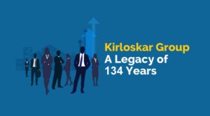 “illustration of a group of people in business attire walking towards a blue arrow pointing upwards, with the text “kirloskar group a legacy of 134 years” on the right side”.