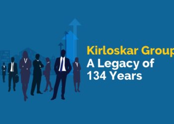 Kirloskar group- a legacy of 134 years 7 “illustration of a group of people in business attire walking towards a blue arrow pointing upwards, with the text “kirloskar group a legacy of 134 years” on the right side”.