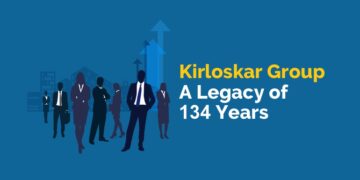 “illustration of a group of people in business attire walking towards a blue arrow pointing upwards, with the text “kirloskar group a legacy of 134 years” on the right side”.