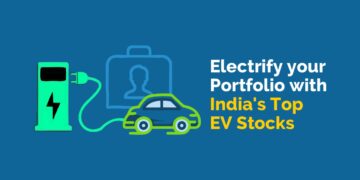 An image charging the electric vehicle from e-station and text written on the right side "electrify your portfolio with india's top ev stocks"